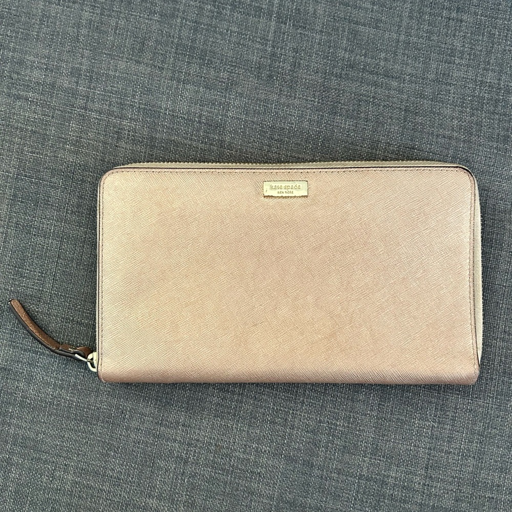 Kate Spade Newbury Lane Neda Rose Gold Large Zip Around Clutch Leather Wallet